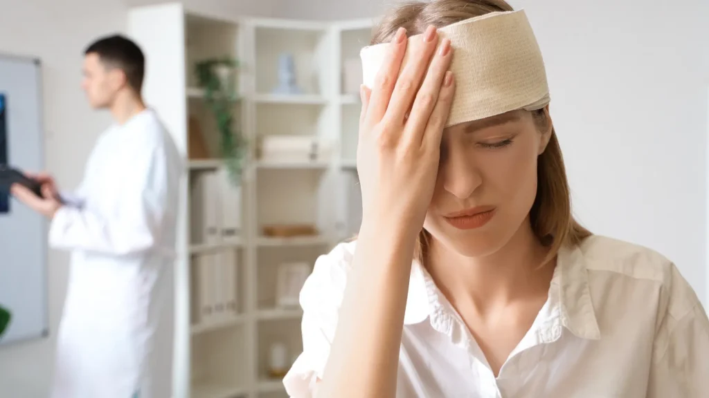 Woman with a head bandage holding her forehead in pain.