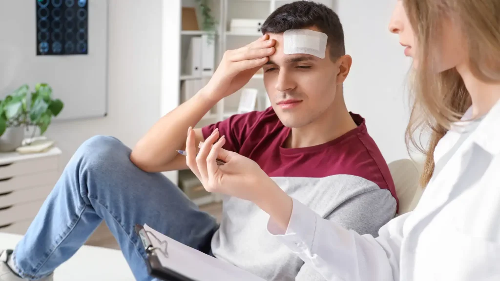 Injured man with bandage on forehead during medical consultation.