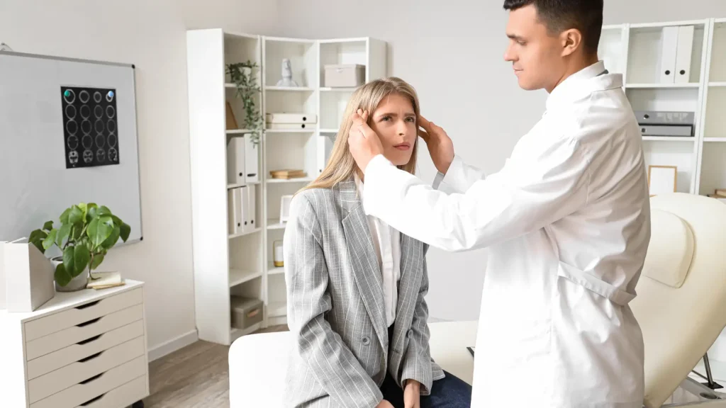 octor examining a woman’s head during a medical consultation.