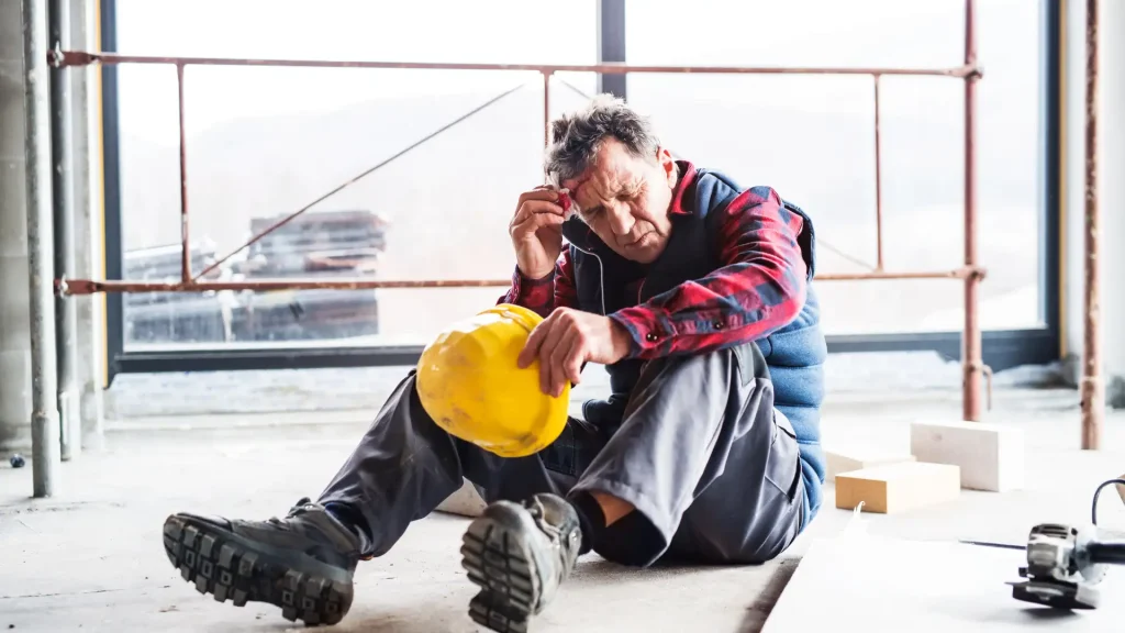 Injured construction worker sitting on the ground, holding his head, with a yellow hard hat beside him.
