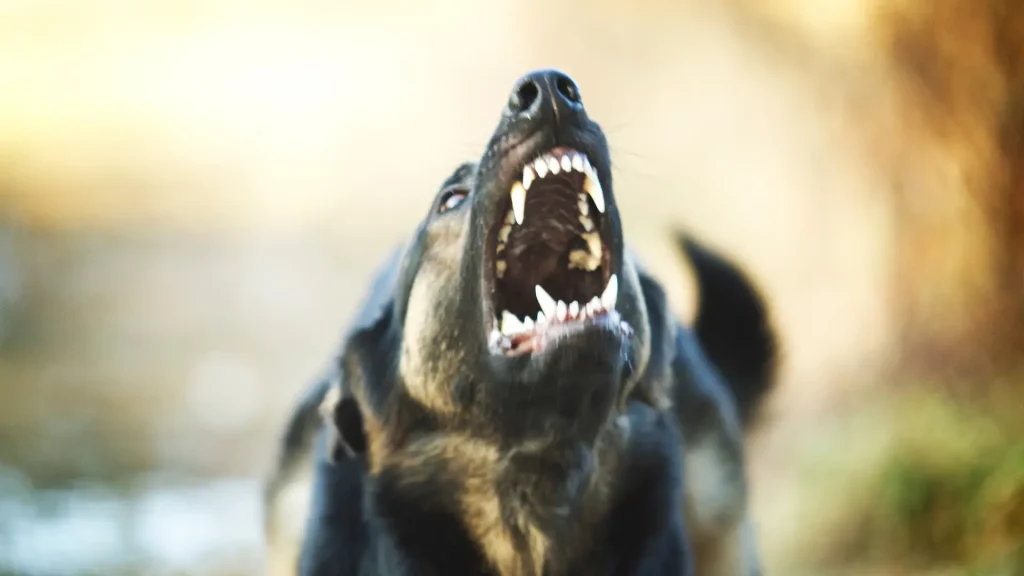Aggressive dog baring its teeth and barking.