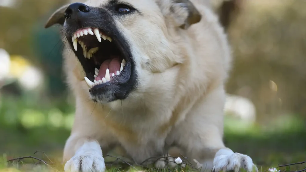 A snarling dog showing its teeth, displaying aggression