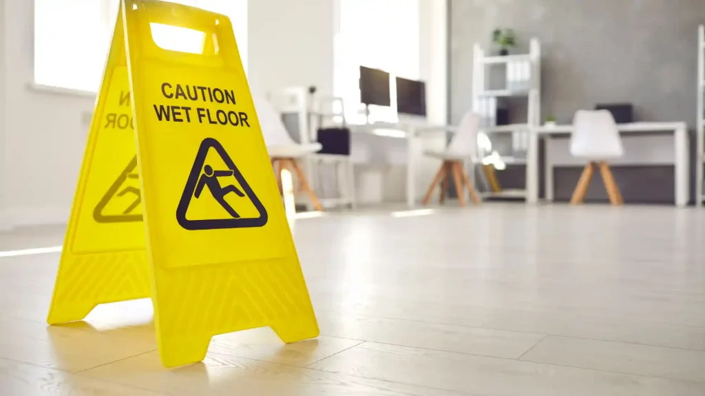 A caution sign for wet floors in an office environment with computers and modern furniture in the background