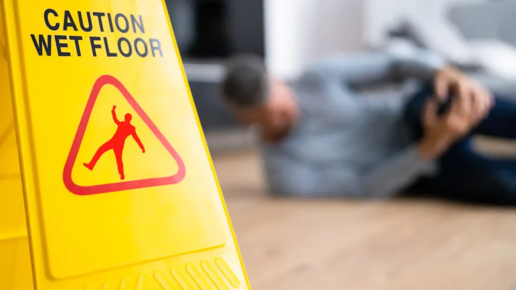 A caution wet floor sign in the foreground with a person lying on the floor in the background, indicating a slip and fall accident.