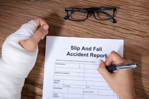 Overhead view of woman filling out slip and fall accident report.