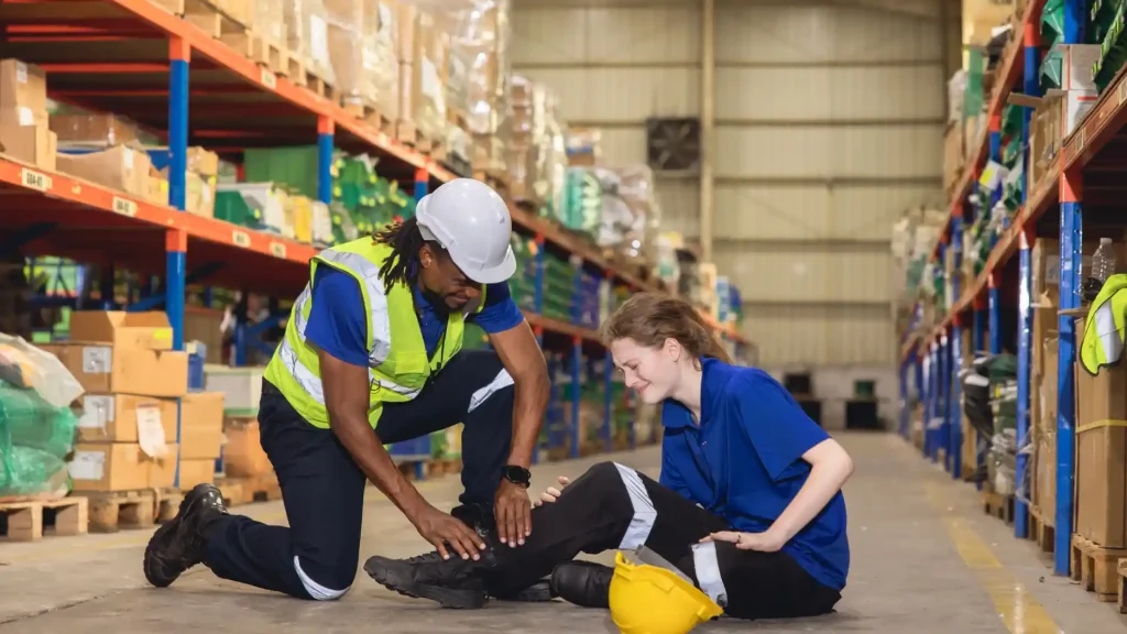 A warehouse worker assists a colleague who appears to have injured their ankle, with both wearing safety gear