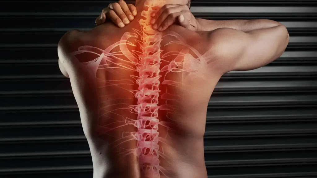 Human spine with highlighted area showing nerve pain