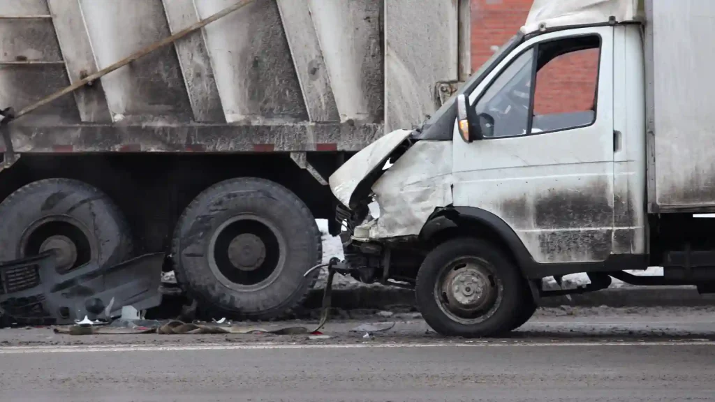 A damaged car after a collision with a truck, showing significant front-end damage.