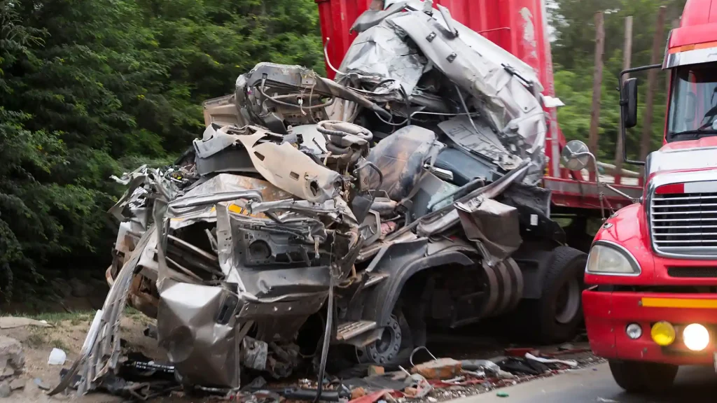Severe truck and car collision with extensive damage