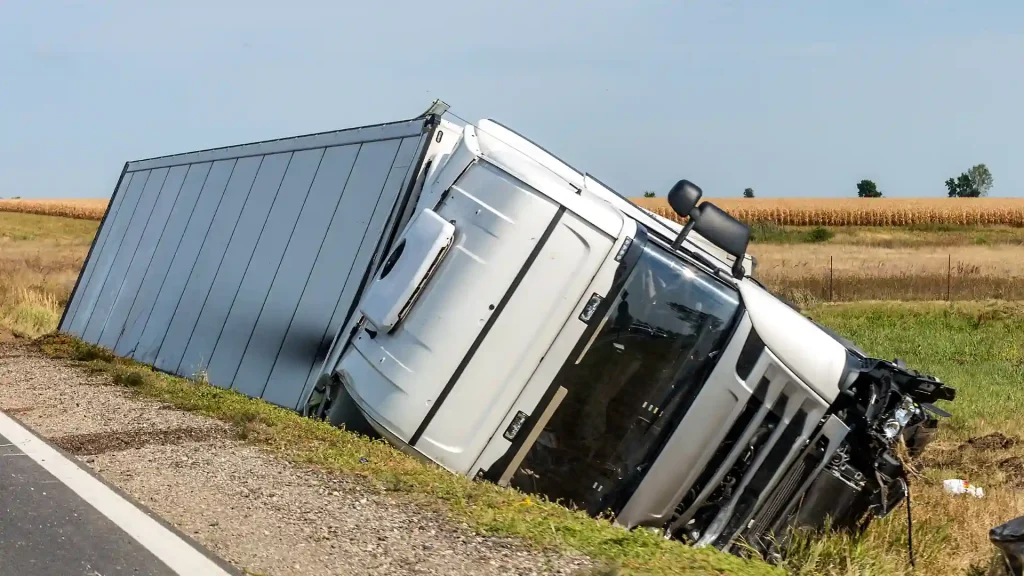 A truck tipped over on its side on the side of the road, with the cargo area facing upwards.
