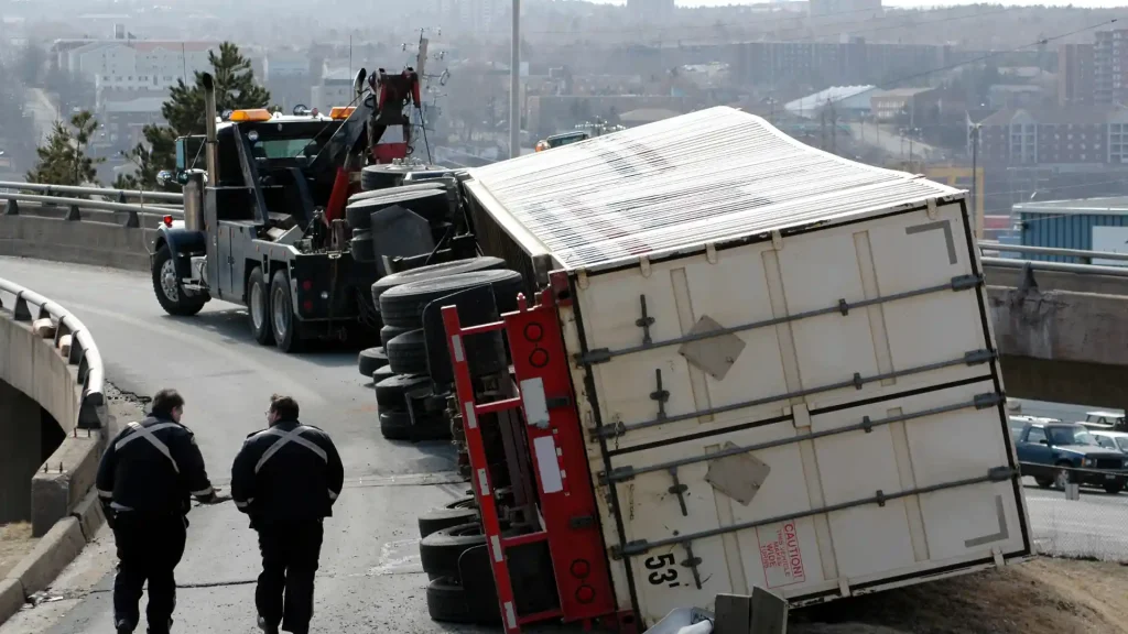 A truck tipped over on its side, being assisted by a recovery vehicle.