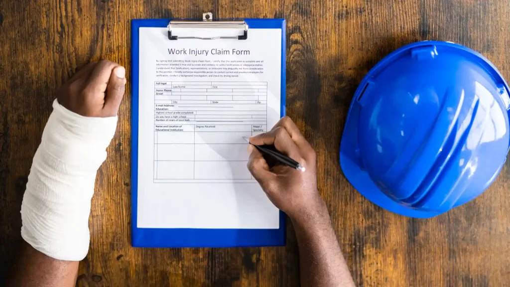 Person filling out a work injury claim form on a clipboard next to a blue hard hat
