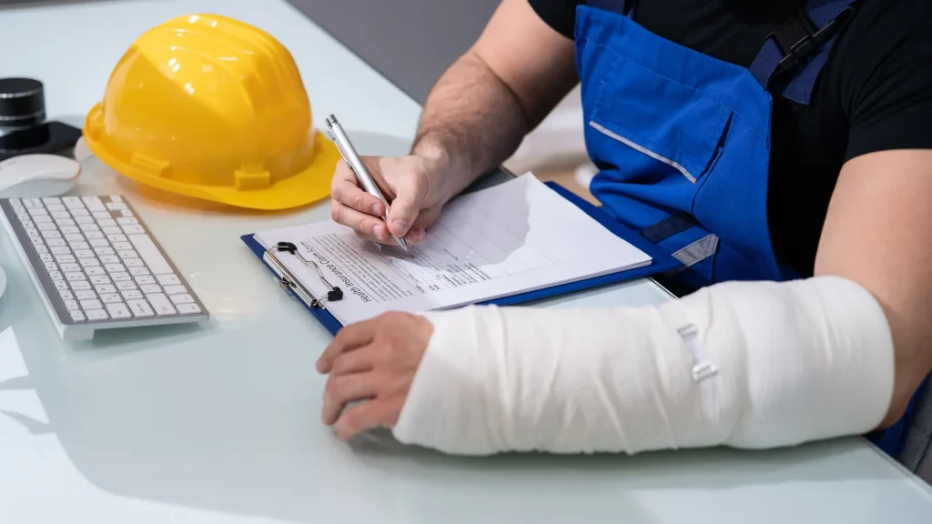 Injured worker with arm cast filling out a form next to a yellow hard hat.